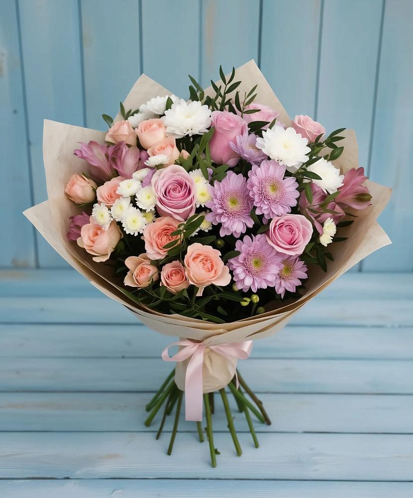 Букет цветов из: Хризантемы, Розы и Альстромерии в Белоусово