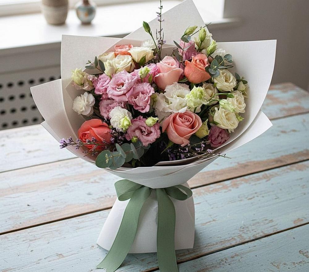 Букет цветов из: Розы, Лизиантусы и Гвоздики в Белоусово