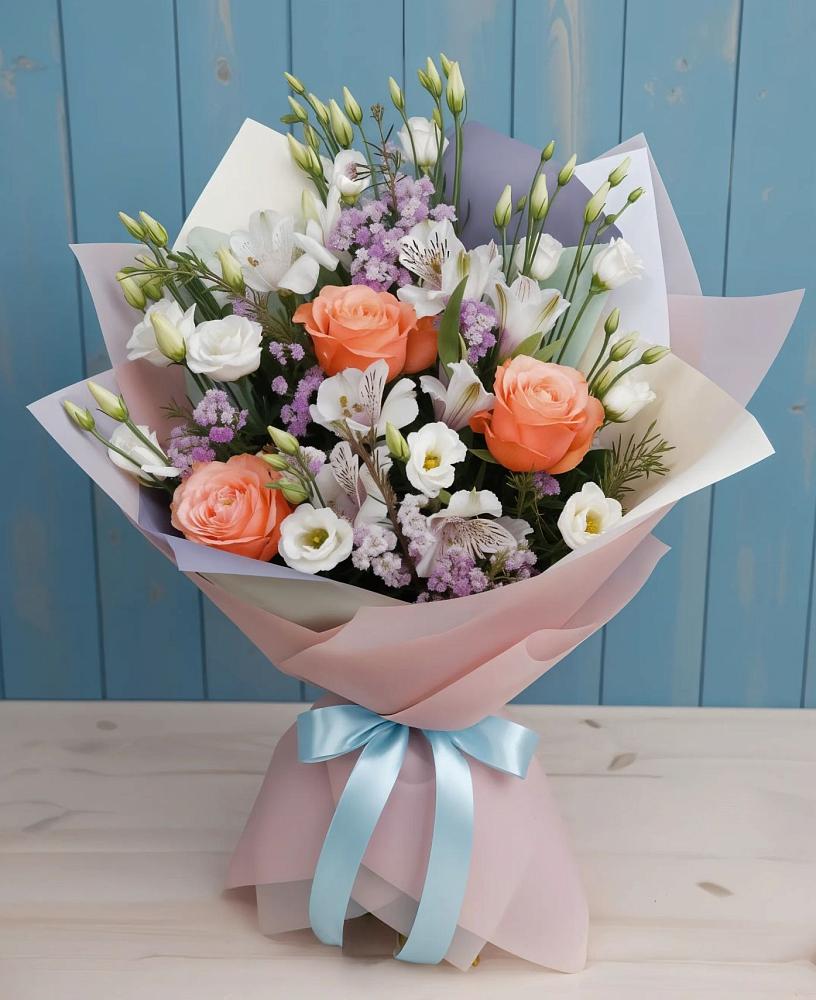 Букет цветов из: Лизиантусы, Розы, Альстромерии и Гипсофила в Белоусово